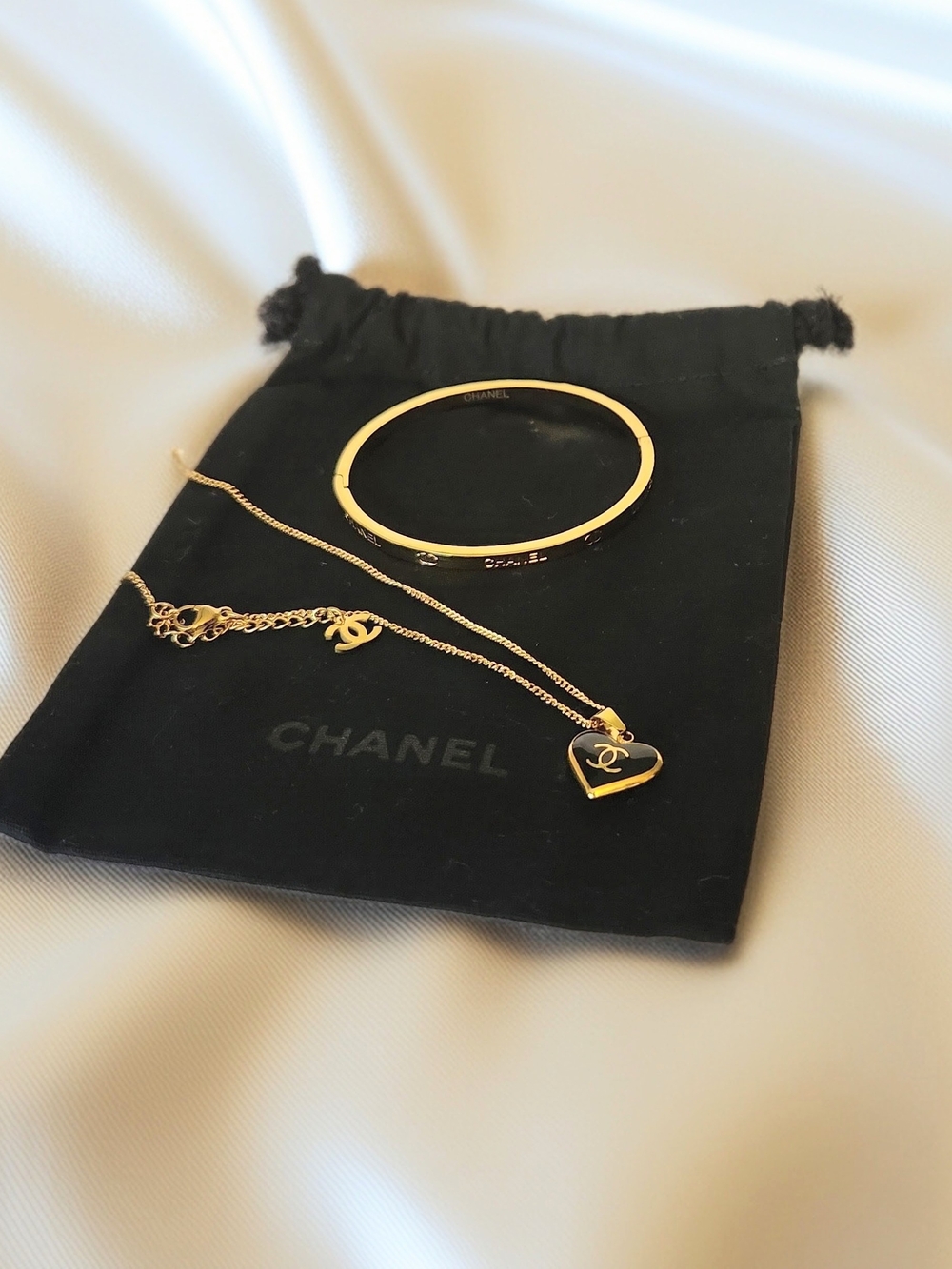 CHANEL Gold Heart Pendant Necklace and Gold Bangle